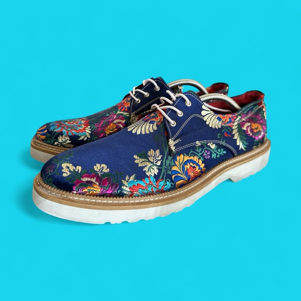 Floral Embroidered Blue Multi-Color Men's Lace Up Oxford Dress Shoes size 12